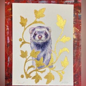 Original ferret painting Watercolor Art Gold Ivy accent animal surreal  nouveau